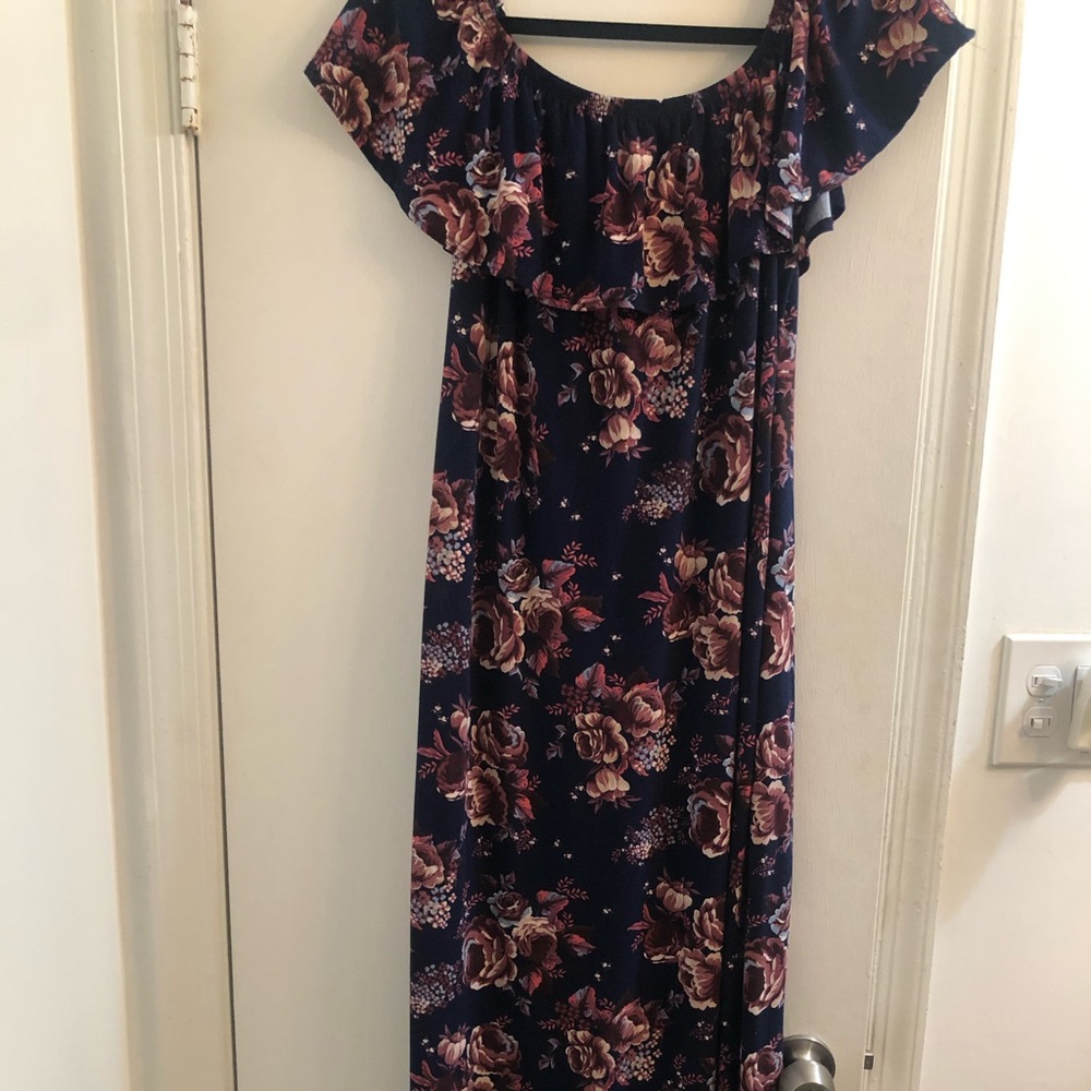 Navy & Pink Floral Off-the-Shoulders Maxi Dress L